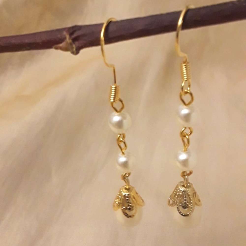 Hand Crafted Earrings, Vintage Pearlized & Gold Tone Drops with 18k hooks.